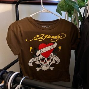 Ed Hardy Brown Crop Top with Skull and Heart Graphic